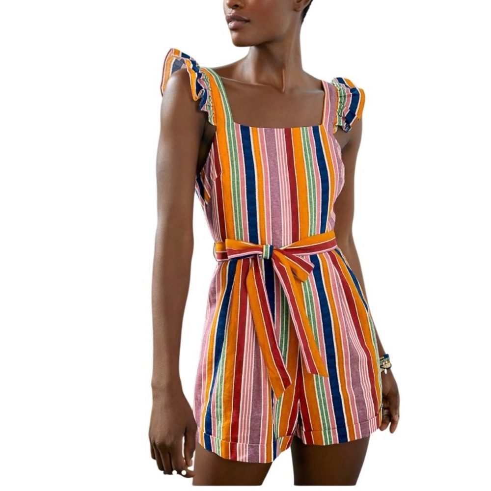 FARM RIO Reyes Romper Striped Ruffled Trim Lined Multi Color Size Small